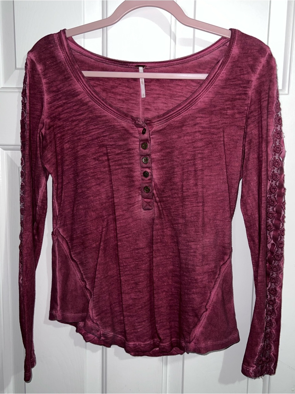 Free People Long Sleeve Henley Top in Wine Red